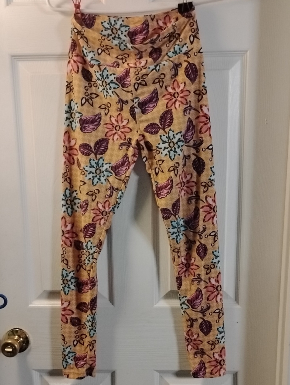 Girls Floral Leggings - Orange with Pink & Blue Flowers